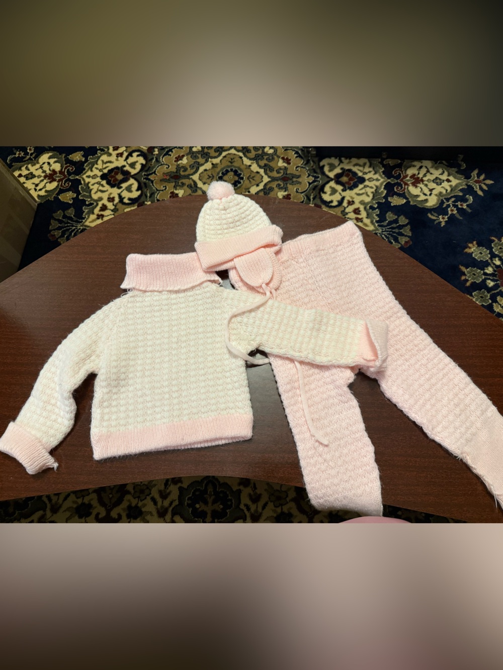 Vintage Cozy Pink & Cream Knit Baby Set - Sweater, Pants & Pom Pom Hat
